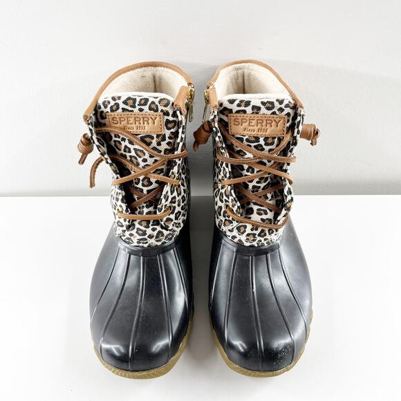 Sperry Lace Up Saltwater Rain Boots Ankle Booties Rubber Leopard 6 - Picture 8 of 9
